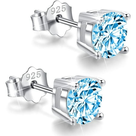 925 Sterling Silver Round-Cut Blue Cubic Zirconia Stud Earrings 3mm-8mm Options, Simulated Diamond CZ Studs Hypoallergenic Jewelry[i524]