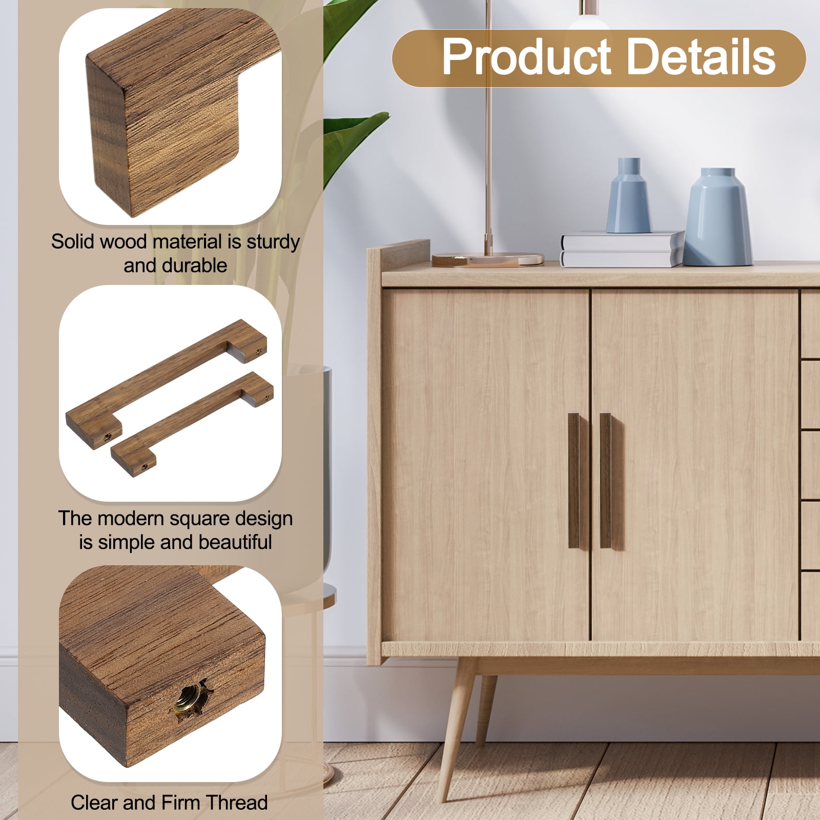 Uxcell 10 Pack Wood Drawer Pulls, 5 Inch Hole Center Square Wooden Drawer Pulls Cabinet Handles with Screws for Kitchen Dresser Wardrobes Door Cupboard, Dark Walnut