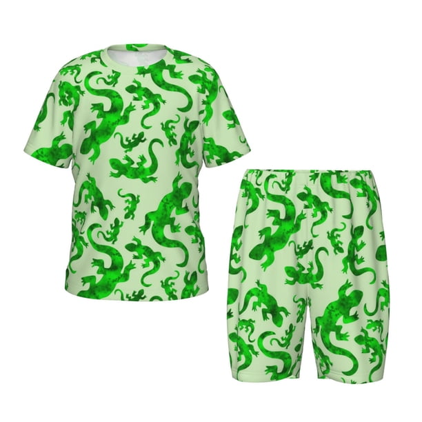 Balery Green Lizard Conjunto de Pijama Infantil de Manga Corta con Estampado – Ropa de Dormir de Algodón Suave-X-Large