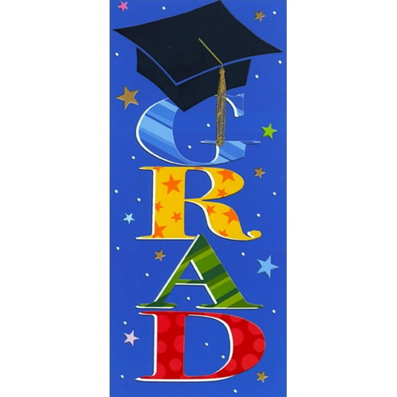 Designer Greetings Stacked Grad Letters and Black Cap Money Holder / Gift Card Holder Graduation Congratulations Card