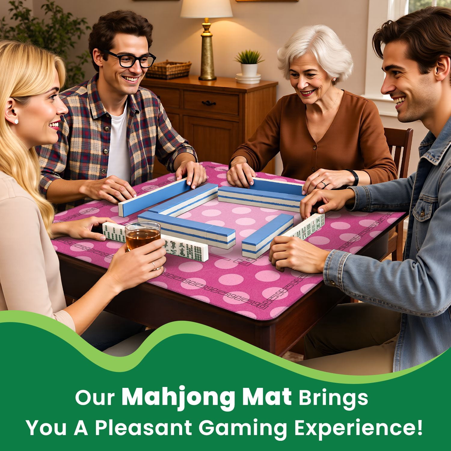 Mahjong Mat 31.5" x 31.5" Pink Polka Dot Vibrant Pink Non-Slip Noise Reduction American Mahjong Tiles Table Cover for Dominoes Poker Card Board Games Gift