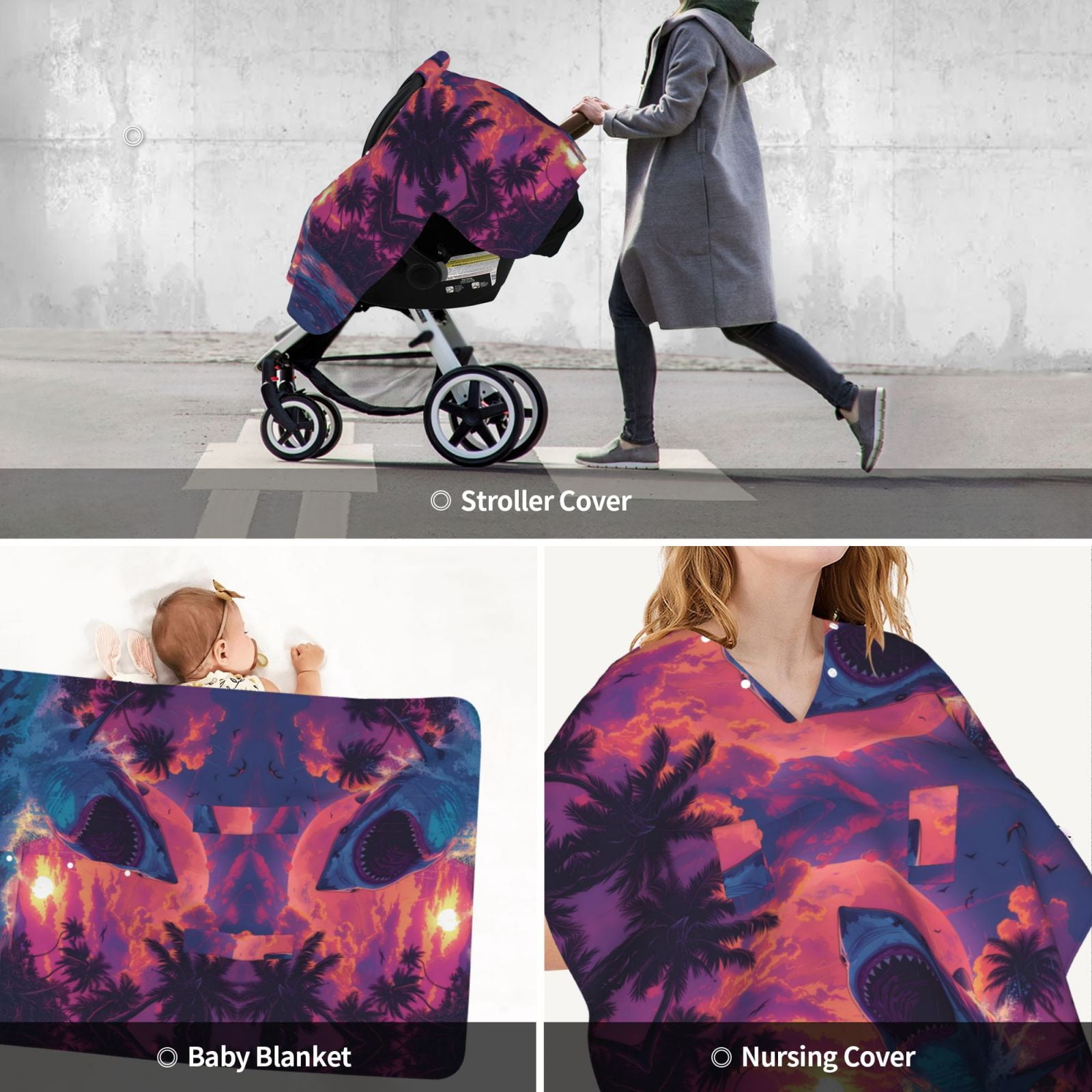 Car Seat Cover Baby - Hawaiian Island Beach Shark Breathable Infant Car Seat Cover for Baby Carseat, Lightweight Comfort Baby Essentials Must Haves Newborn Stuff for Girl Boy