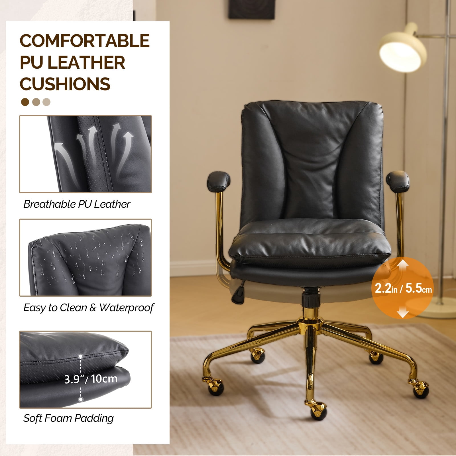 Ktaxon Office Chair High Back Study Chair PU Leather Adjustable Swivel Vanity Chair with Padded Armrests for Conference and Home Black