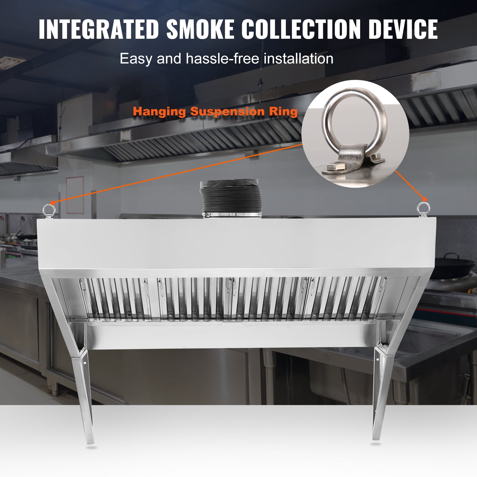 KFFKFF 108in Commercial Exhaust Hood 9ft Food Truck Hood Exhaust 201 Stainless Steel Vent Hood with 2 Detachable U-shaped Grid Oil Filter Mesh for Food Truck Restaurant Kitchen Exhaust