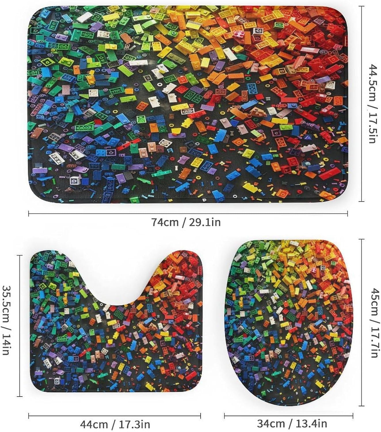 4Pcs Colorful Building Block Brick Shower Curtain Sets with Rugs, Toilet Lid Cover and Bath Mat, Geometric Bathroom Shower Curtains Set with 12 Hooks