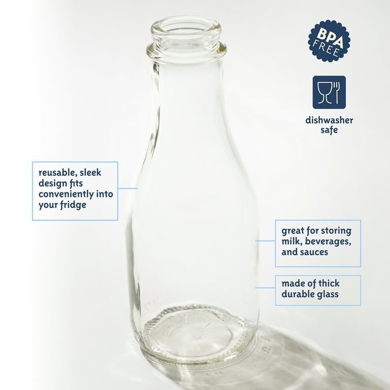 The Dairy Shoppe 1 Ltr. (33.8 oz.) Glass Milk Bottle Vintage Style with Cap  & NEW Silicone Pour Spouts! (2 Pack)