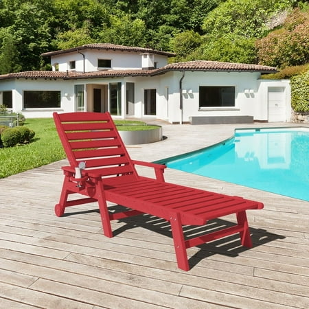 Condition photo showing Good Condition for JUSTLET Adjustable Wheeled HDPE Plastic Outdoor Patio Lounge Chair W/ Cup Holder 78.3 x25.1 x16.3 Red