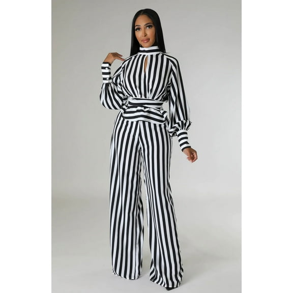 Striped Pattern Pant Set (S, MultiBlack)