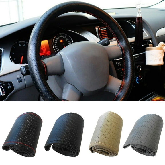 Walbest Genuine Leather Steering Wheel Cover, Stitch On Wrap, for 16 inches Round and D-Type Steering Wheels, Black(L)