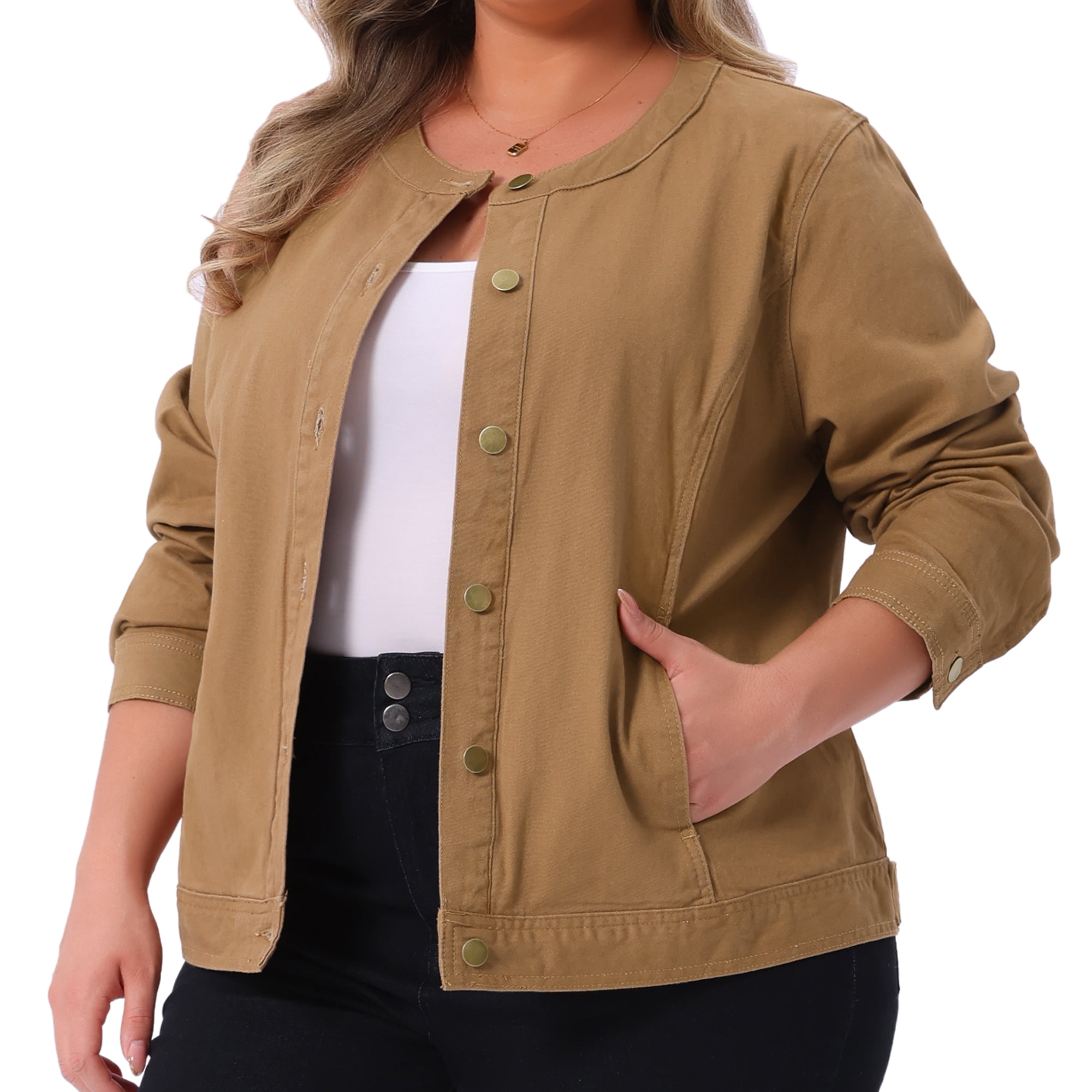 DARING DIVA Women's Plus Denim  Collarless Button Down Cargo Jean Shacket 3X Brown