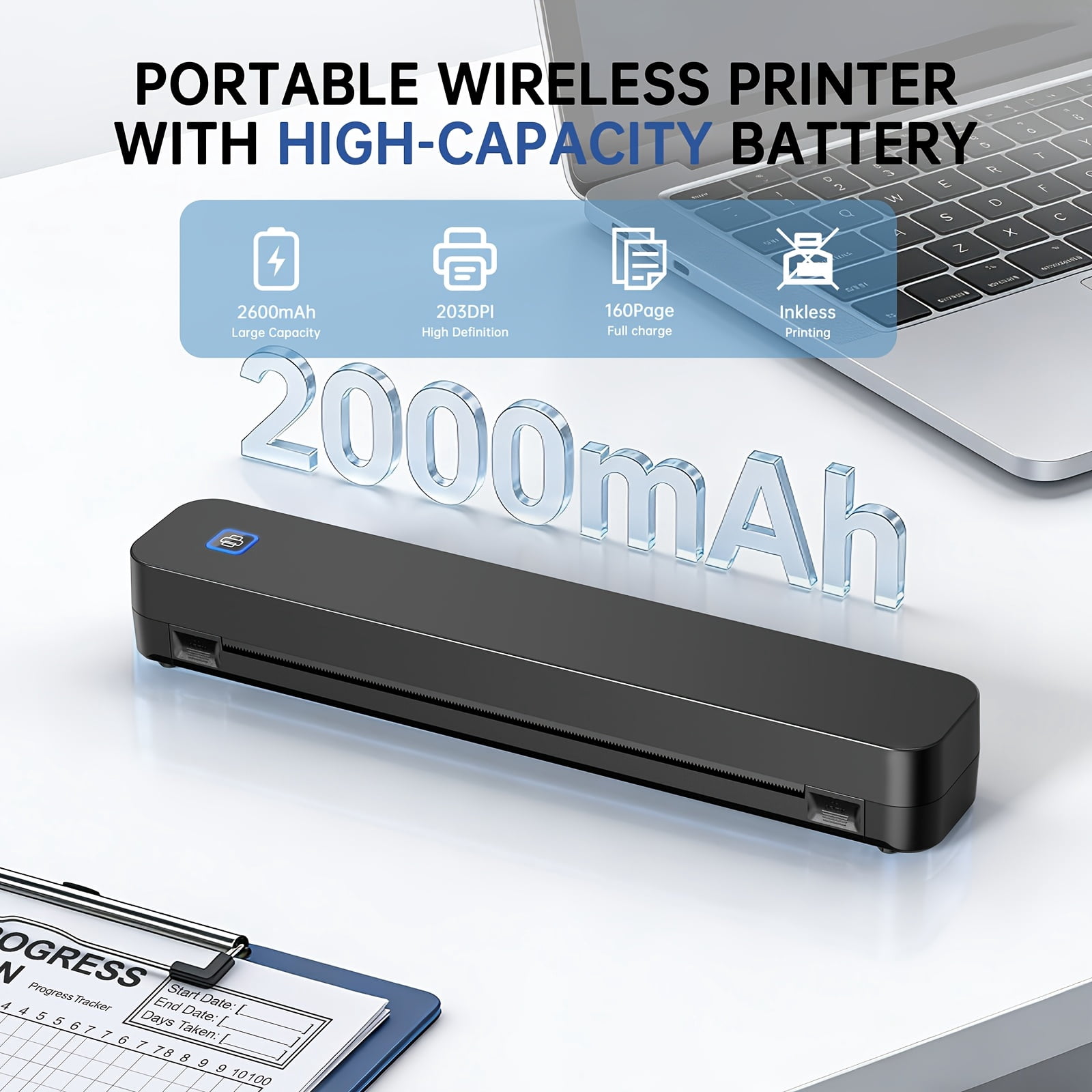 Portable Inkless Travel Thermal Printer+10/110pcs A4 Paper Combo Pack - Compatible With Mobile Phones And Laptops, Supports 8.5X11 Inch Thermal Letter Paper, Suitable For Office, Travel, And Home.