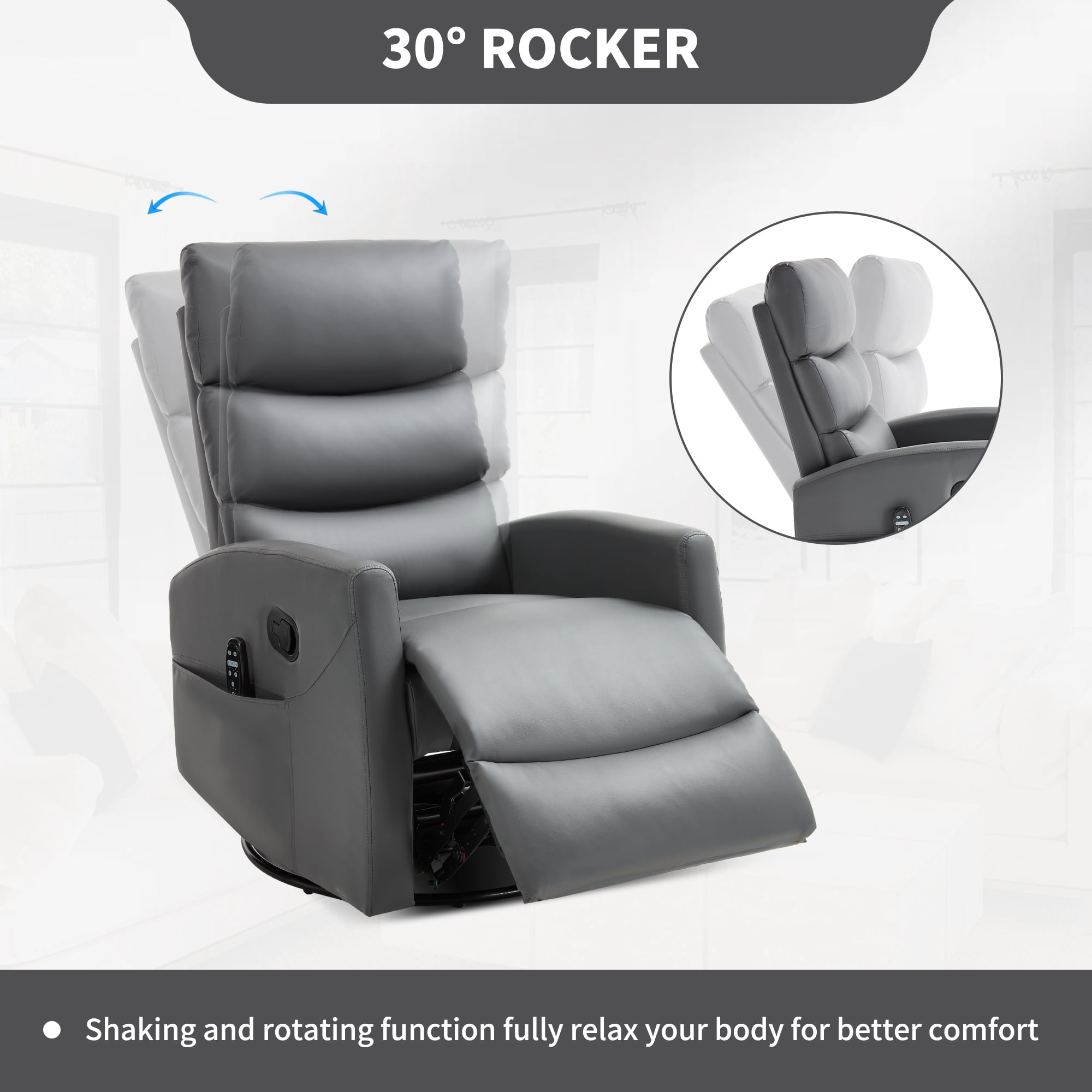 Leumius Swivel Recliner Chair,360° Glider Rocking Chair with Massage and Heating,PU Leather Small Manual Recliner for Nursery Home Theater,Gray PU