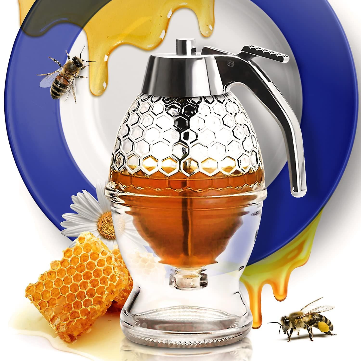 Distributeur de Miel Sans Goutte en Verre avec Support Pot à Miel en Verre Transparent avec Trempette Distributeur de Sirop d'Érable 8 Oz Pot à Miel avec Support -GSL