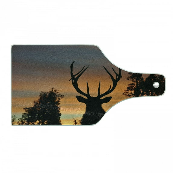 Antlers Cutting Board, Black Deer on Sky Background West Coast South Island New Zealand Nature, Tempered Glass Cutting and Serving Board, Wine Bottle Shape, Seal Brown Marigold, by Ambesonne