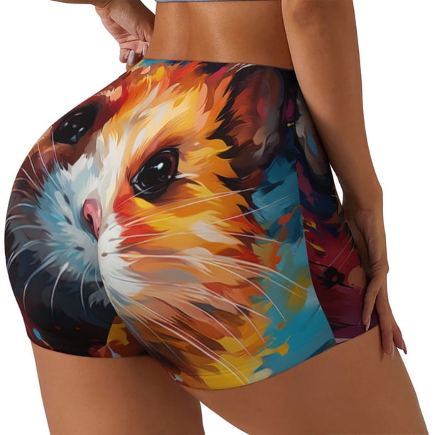 Balery Oil Painting Colorful Hamster Pantalones cortos de entrenamiento estampados para mujer, sin costuras, ajustados, para gimnasio, yoga, correr, deportes, ejercicio activo, fitness.-XX-Large
