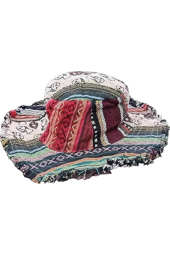Handwoven Hemp Bucket Hat, Frayed Patchwork, Shapeable Wide Brim, Boho Multicolored Hippie Hat(A:1PC)