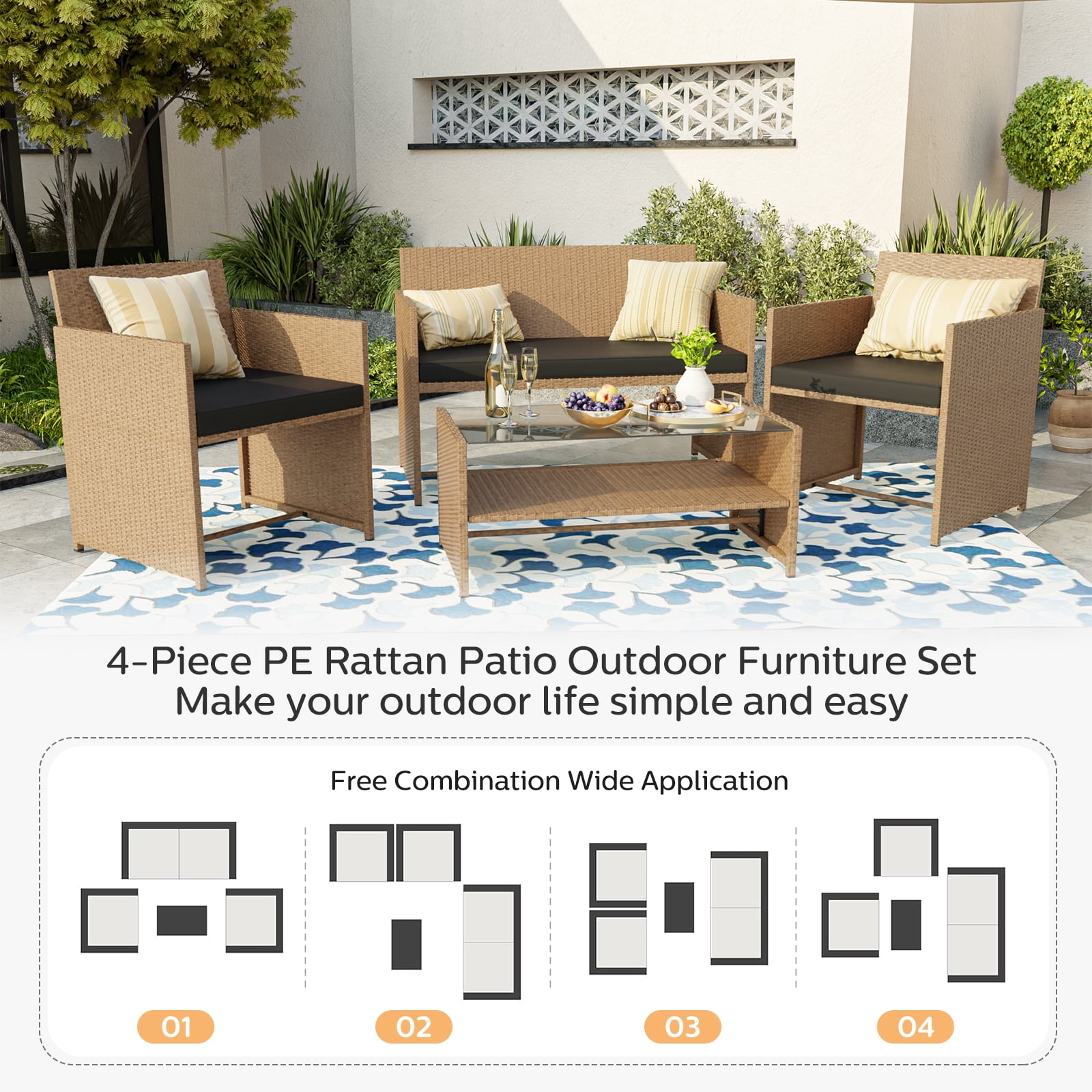 ELPOSUN Patio Furniture 4 Pieces Outdoor Wicker Rattan Chair Balcony Conversation Sets Porch Furniture Sectional Loveseat w Cushions and Table for Backyard Pool Garden (Black)