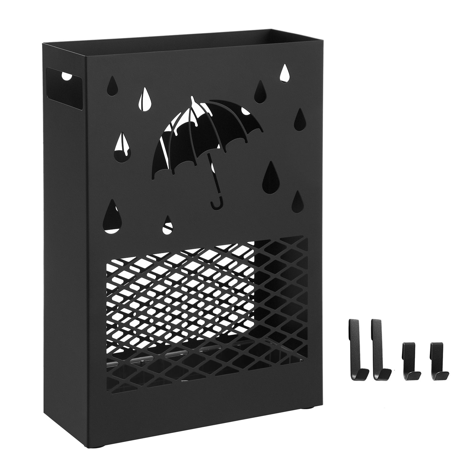 SONGMICS Metal Umbrella Stand, Rectangular Umbrella Holder Rack, with a Removable Drip Tray, 4 Hooks, Cutout Design, for Entryway, Office, Black