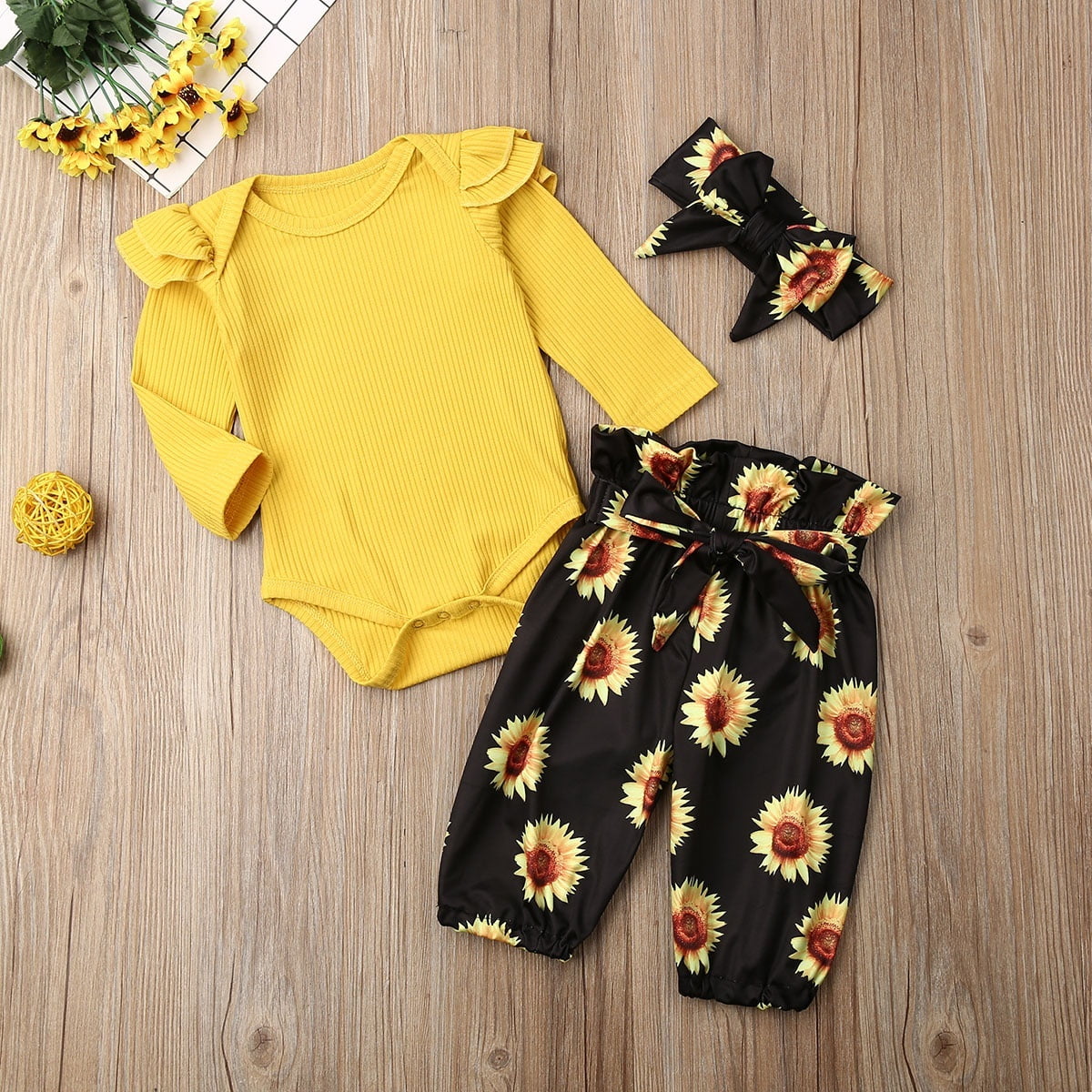 New Baby Girl Ruffle Clothes Cotton Long Sleeve Romper Bodysuit Floral Pant Headband 3 Pcs