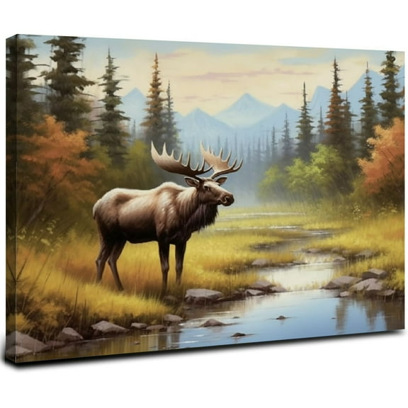 JRXY Wildlife Painting Framed Wall Art: Majestic Moose in Forest Picture Rustic Wild Animal Artwork Elk Deer Prints for Living Room Farmhouse Bedroom 20x16inch