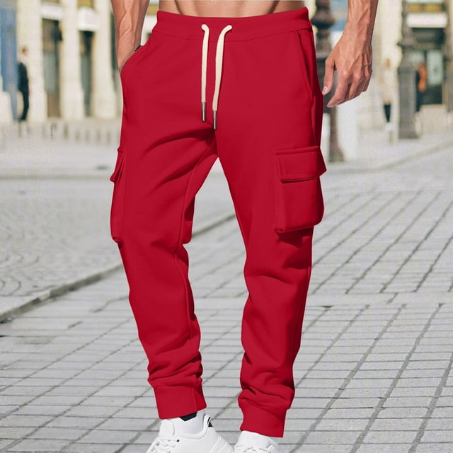 Amzcrzy Men's Sweatpants Solid Color Elastic Waist Mens Cargo Pants Comfy Drawstring Fleece Athletic Pants for Men with Pockets L