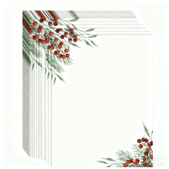Pine And Berry Holiday Letterhead, 50 Sheets 8.5" x 11" Christmas Letterhead Stationery Set for Note Letters to Santa Holiday Watercolor Printer Papers Invitations