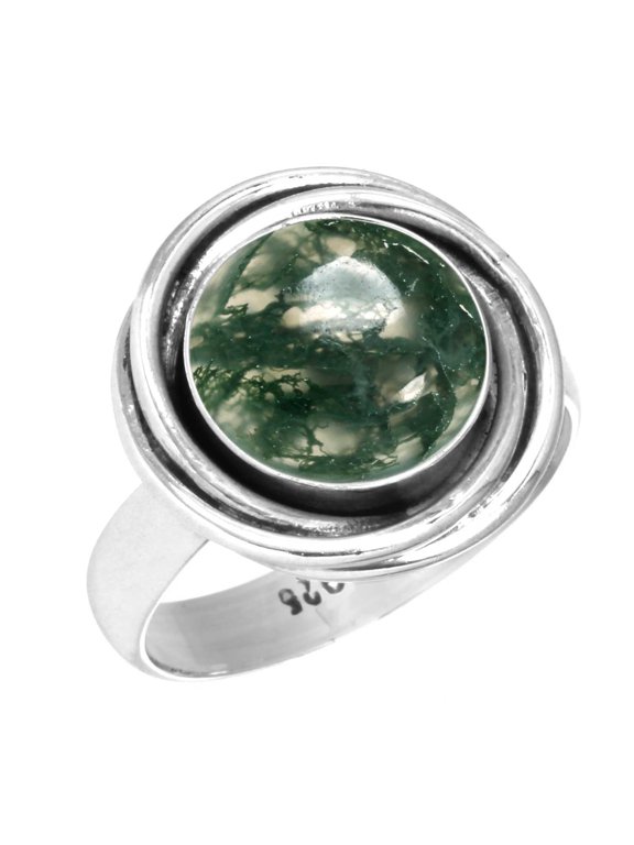 925 Sterling Silver Ring Natural Moss Agate Handmade Jewelry