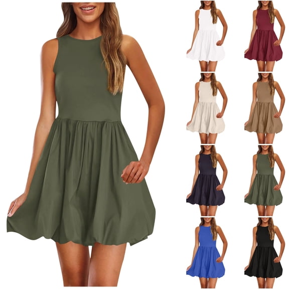 Ladies Fashion Sleeveless Round-Neck Solid Pocket Dress Short Mini Dresses Formal Dresses Comfort Blouses ForWomen Dressy Dasual Comfort Colors
