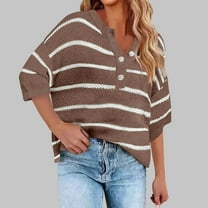 ZHYou Women's Sweaters Women's Elbow Sleeves Striped Button Crew Neck Knitted Sweaters