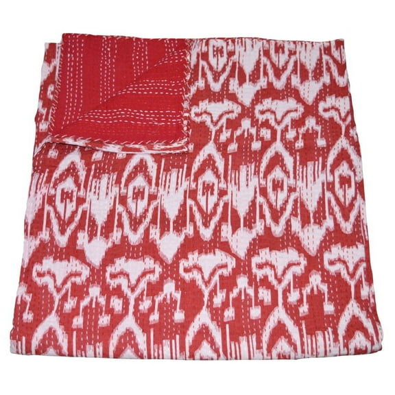 Indian Beautiful Kantha Quilt Traditional Kantha Throw Blanket Bedspread Hand Block Print Queen Size Cotton Ikat Print