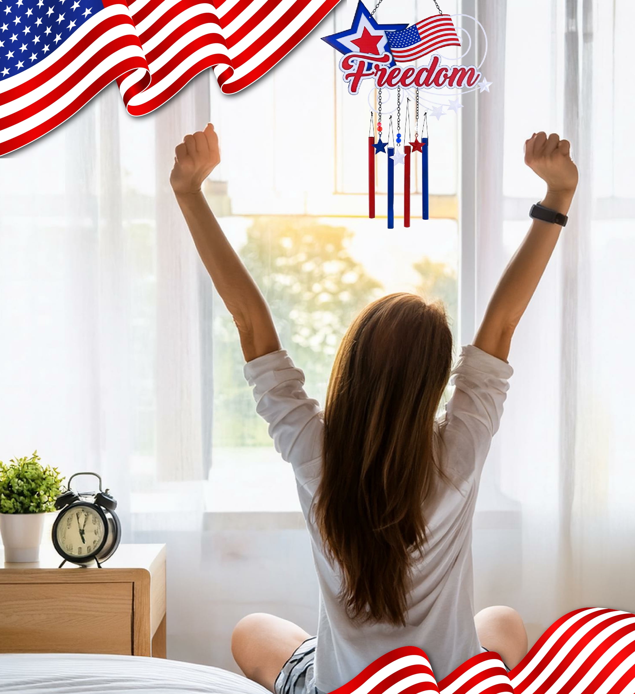 CoTa Global USA Flag Star Wind Chime - American Flag Patriotic Indoor or Outdoor Windchime Home Decor with Hanging Bells, Handcrafted Glass and Metal Wind Chimes for Yard, Garden, Porch - 25.5 Inches