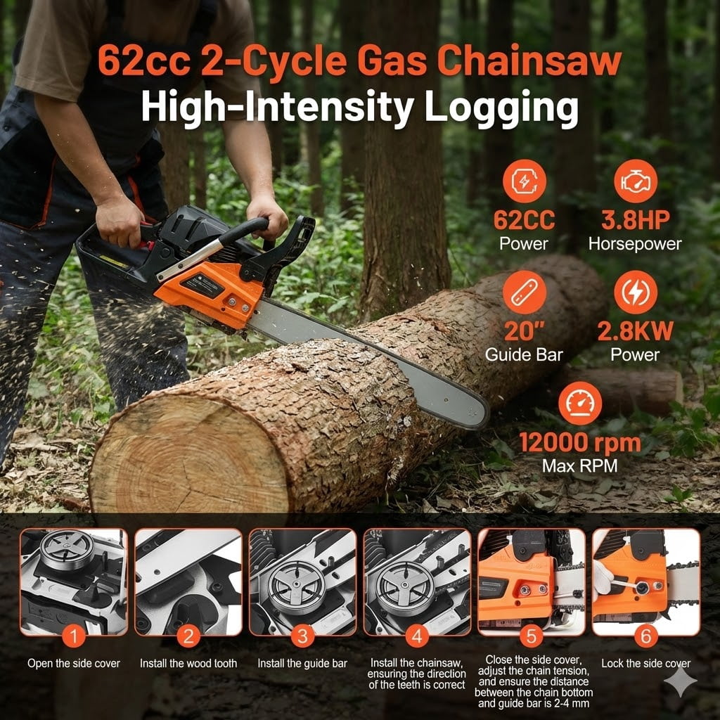 62 cc Gas Chainsaw, 20 inch Gas Powered Chainsaw, 3.8 HP Power Chain Saw with Non-Slip Handle, Gas-Powered Chainsaws with Dual Fuel Tanks, For Wood Cutting, Tree Trimming, and Land Clearing
