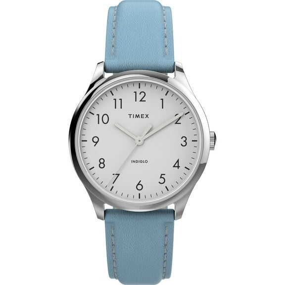 Timex Women's Modern Easy Reader 32mm Watch – Silver-Tone Case White Dial with Blue Genuine Leather Strap