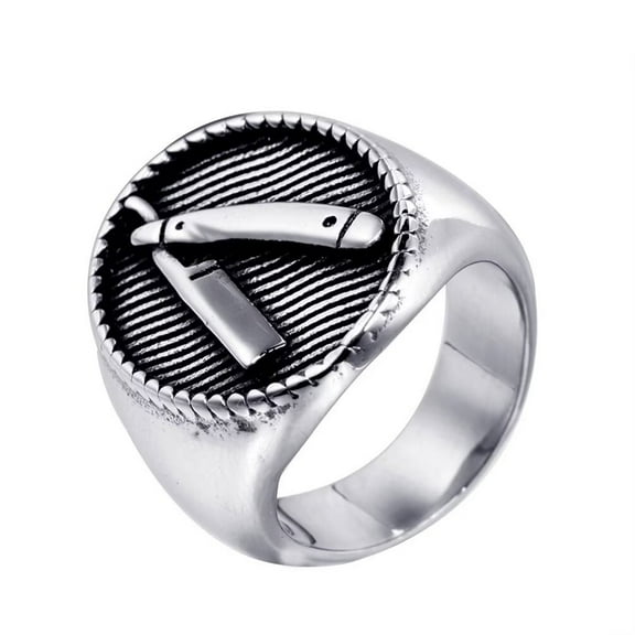 HIJONES Men's Stainless Steel Barber Shop Decor Engraved Shaver Ring Chunky Statement Band Finger Biker Jewelry Silver Size 8