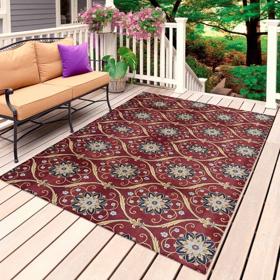 Vintage Red Floral Outdoor Rug for Patio/Deck/Porch, Non-Slip Large Area Rug 5 x 7 Ft, Retro Botanical Abstract Indoor Outdoor Rugs Washable Area Rugs, Reversible Camping Rug Carpet Runner