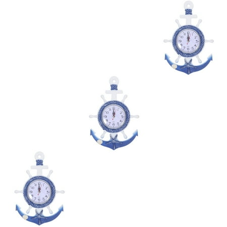 MLINS 3pcs Anchor Clock Wall Decor Mediterranean Style Wall Clock Nautical Ship Wheel Decor Rudder Steering Wheel Hanging Wall Clock Decor Coastal Beach Theme Home Decor