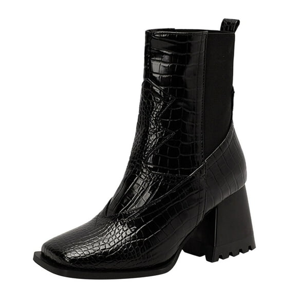 WEAIXIMIUNG Knee Boots for Women Wide Calf Square Toe Women's Fashion Leather Face Square Toe High Heel Elastic Mid Boots