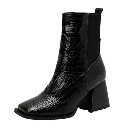 

XINSHIDE Women Mid-Calf Boots Women Fashion Patchwork Leather Face Square Toe Chunky High Heel Elastic Mid Boots Fashion Shoes