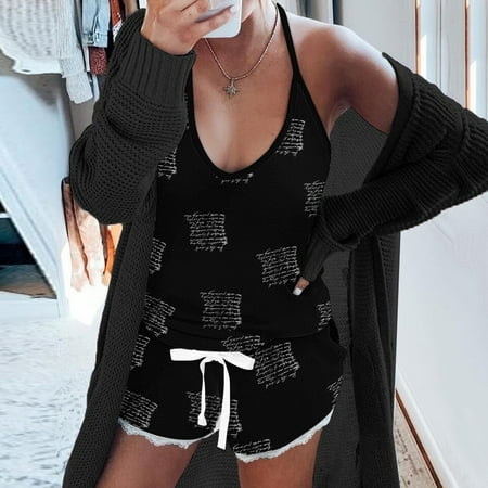 

NEGJ Women Heart Star Printing Halter Pajamas Sleeveless Cami Shorts Lingerie Sleepwear Set