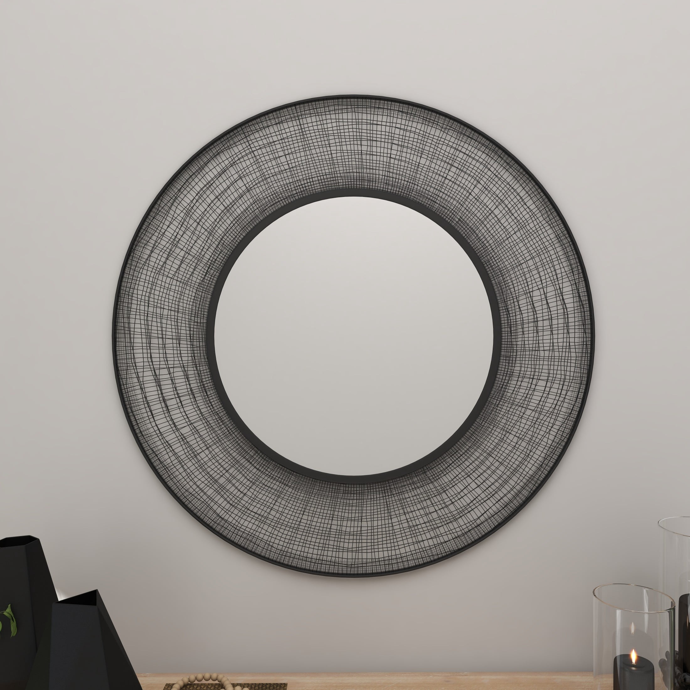 DecMode 40" x 40" Black Wire Mesh Abstract Wall Mirror