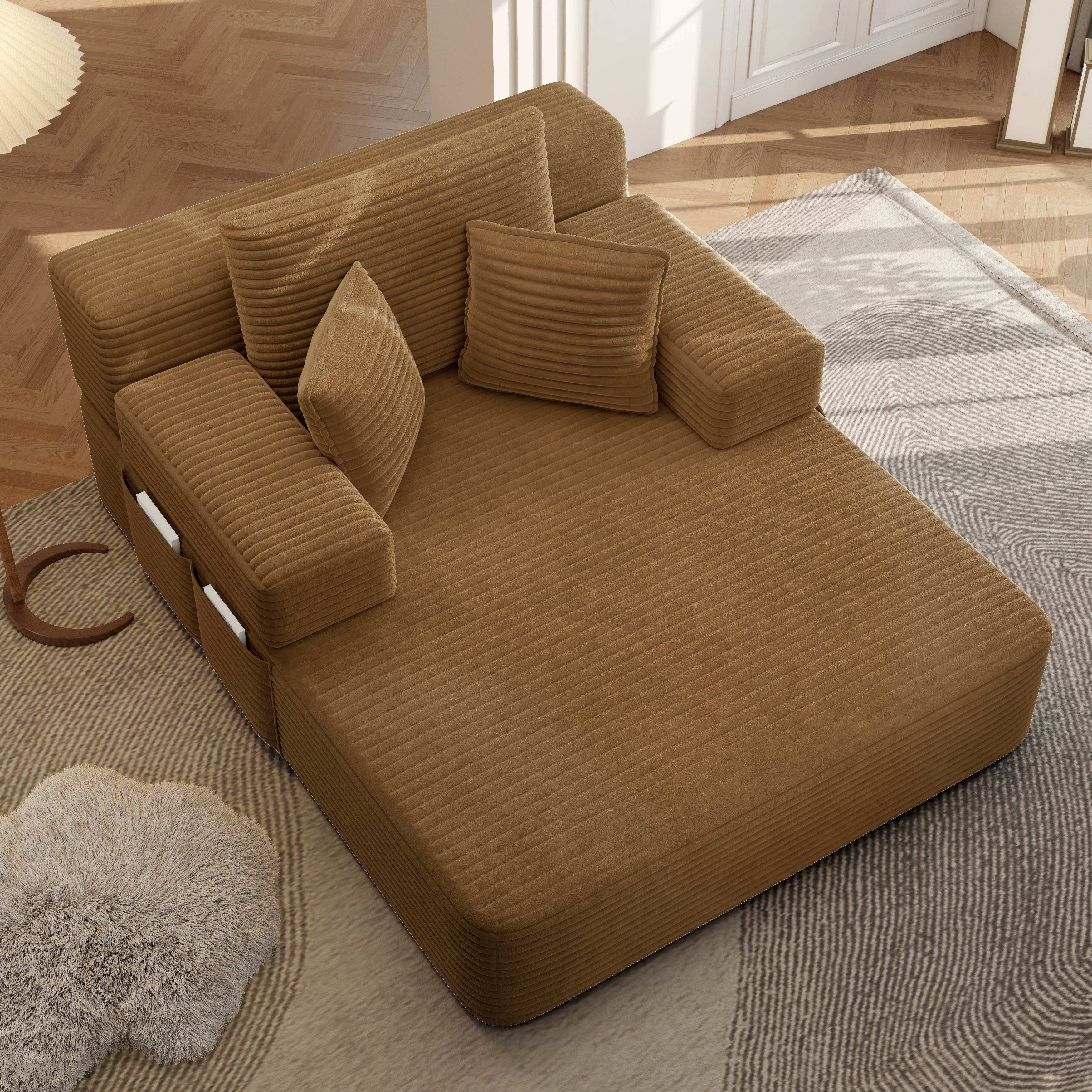 Alvantor Oversized Corduroy Convertible Chaise Lounge Sofa Bed, Camel