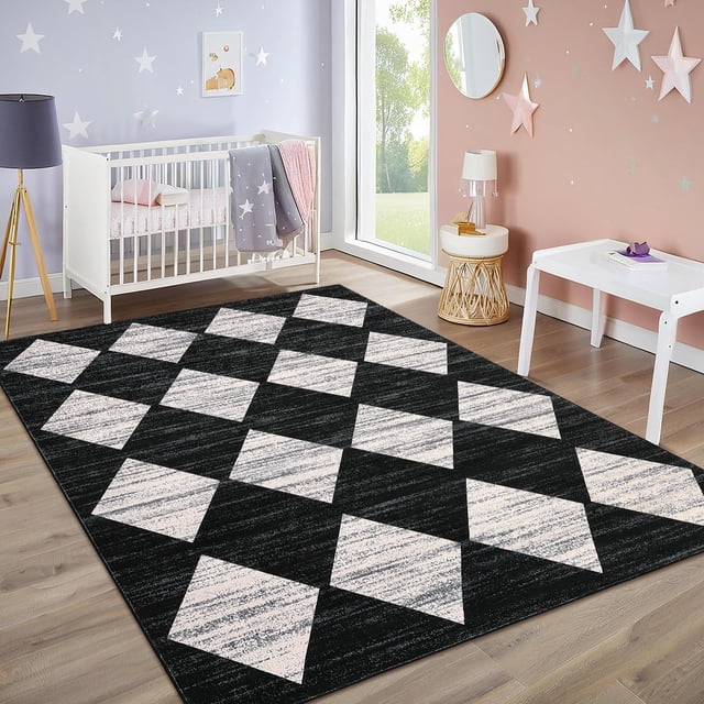 Black Washable Rug Neutral Bedroom Rug Geometric Checkered Rugs for Living Room Office Stain Resistant Classroom Area Rug Modern Dining Room Rugs 5x7