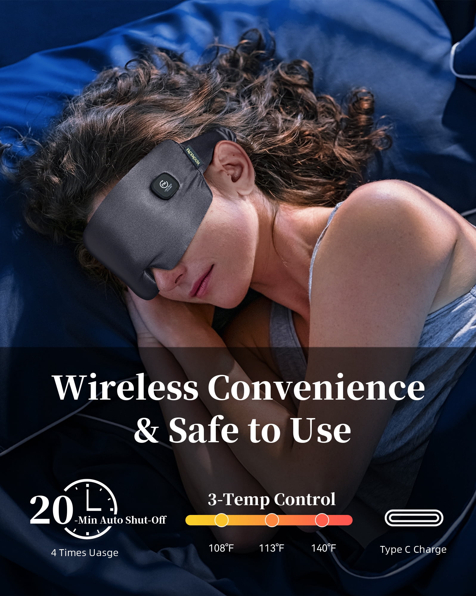 FACEMOON Cordless Warm Eye Mask Silk Comfort for Dry Eyes Relief Rechargeable Moist Heat Therapy Washable Night Comfort Black