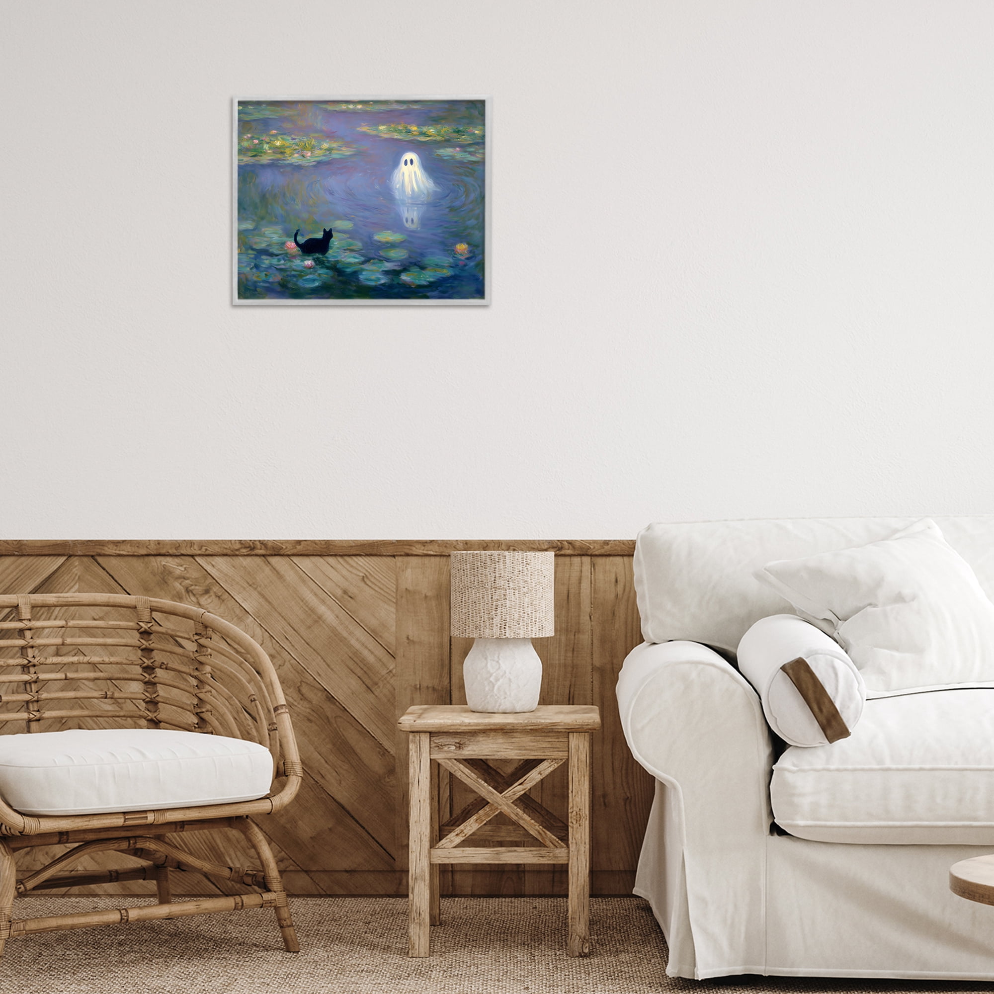Water Lilies with Ghost & Kitty Gray Framed Giclee Art, design by Arlington Prints