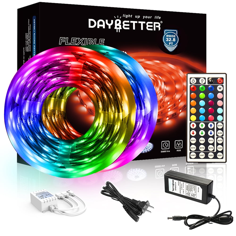 DAYBETTER LED Strip Light 32.8ft 5050RGB Color Changing,with 44 Key Remote  and 12V Power Supply,for Bedroom,Kitchen,Bar,Party,Room Decor(2 Rolls of  16.4ft) - Walmart.com