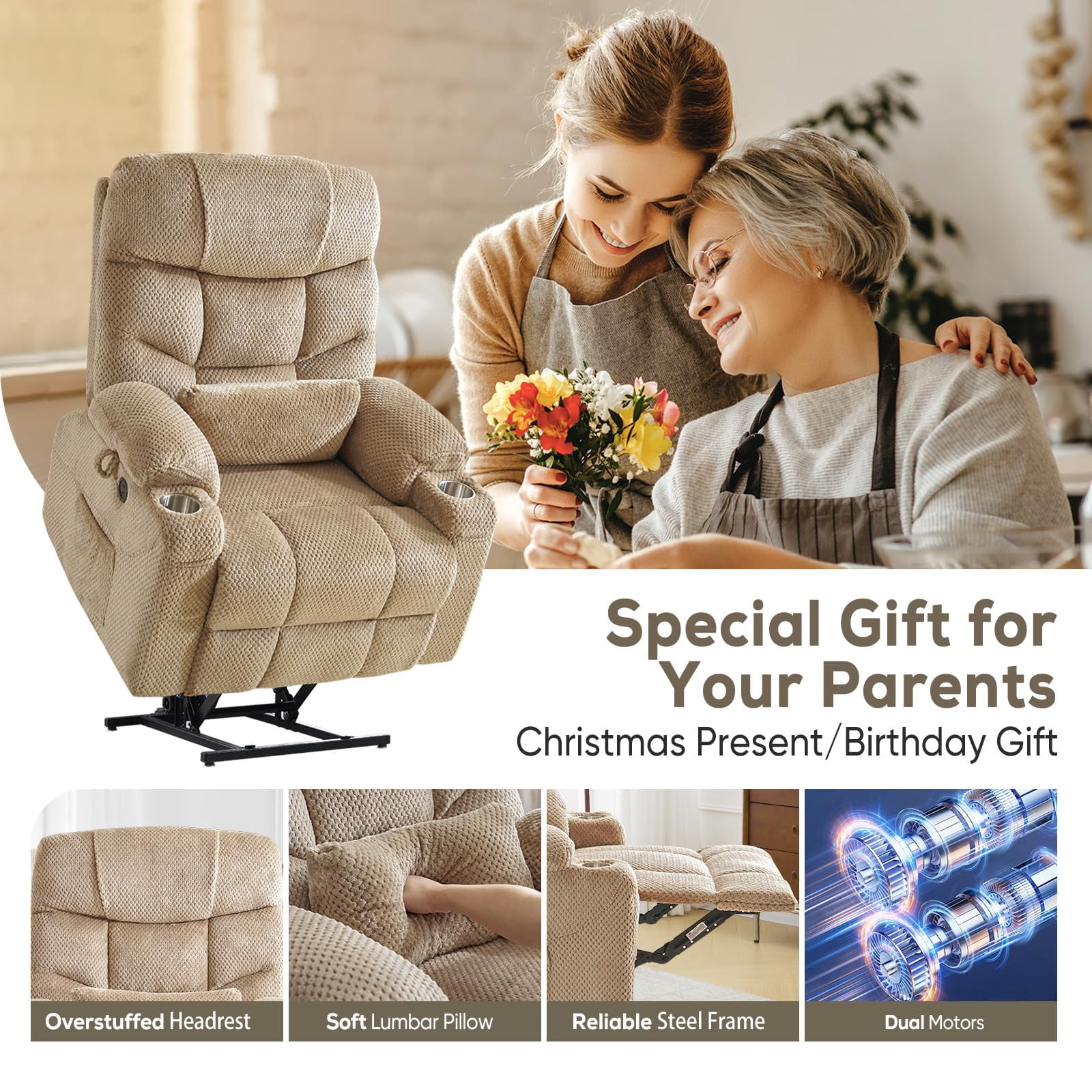 JULY'S SONG Dual Motor Lay Flat Power Lift Recliner Chair with Heat and Massage, USB & Type-C Ports, Large Recliners for Living Room, Oversized Recliner for Adults & Elderly - Beige