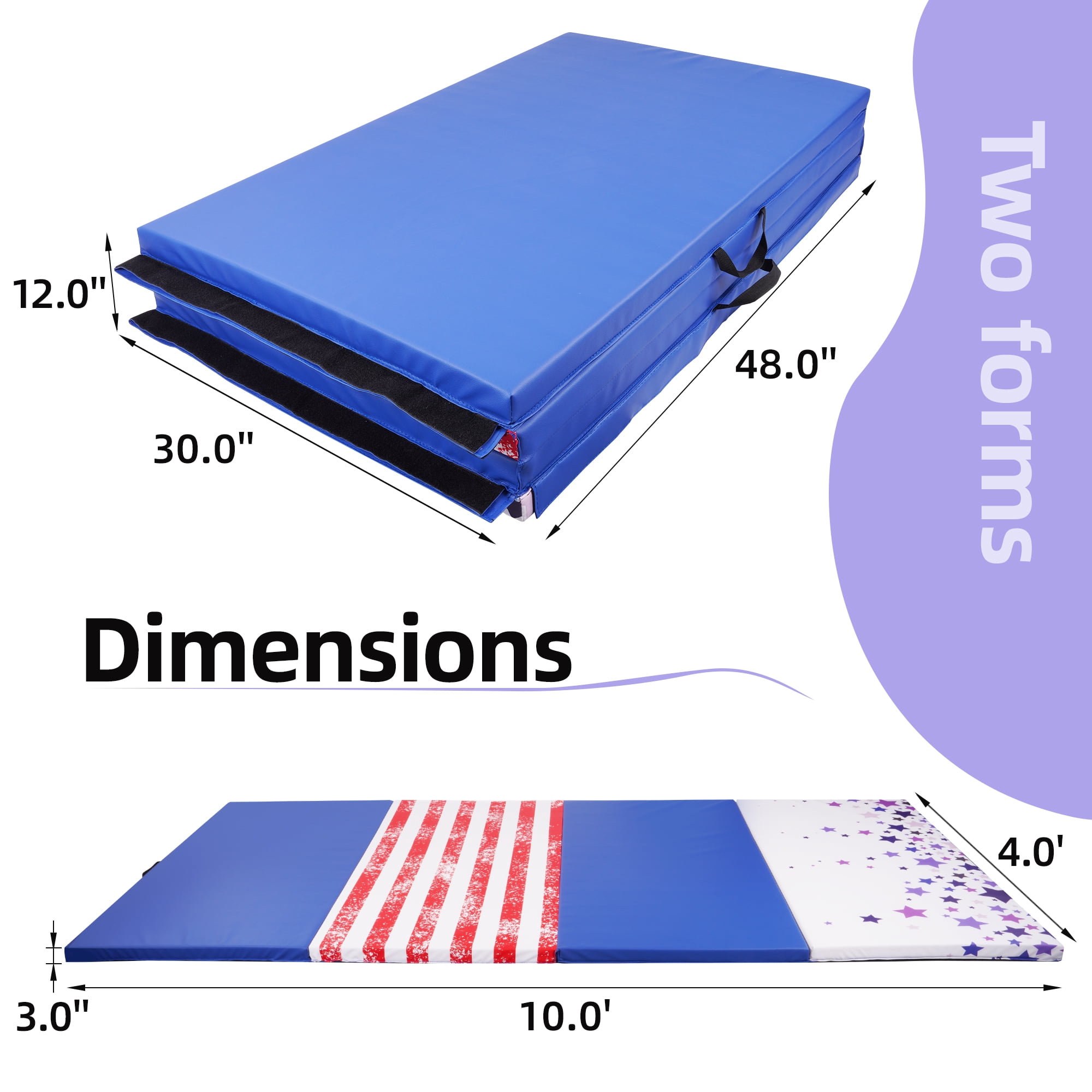 Signature Fitness 4ft x 10ft x 3in Folding Gymnastics Mat, 4-Panel Extra Thick Exercise Mat with Handles, PVC Leather + EPE Foam, Multiple Colors