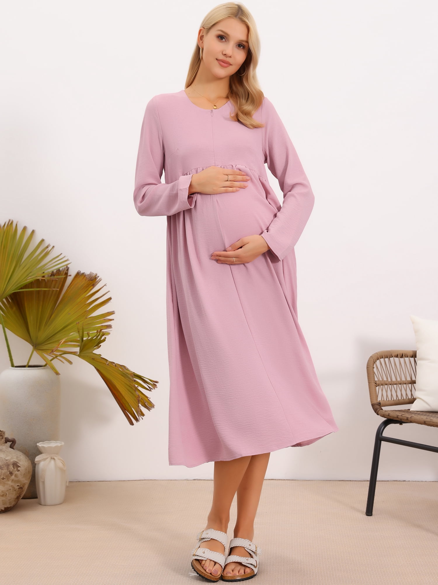 DARING DIVA Women's Maternity Nursing Dress Long Sleeve Midi Round Neck Pleated 2XL Pink