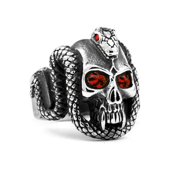 Cobra Skull Stainless Steel Ring with Red Ruby Inlay