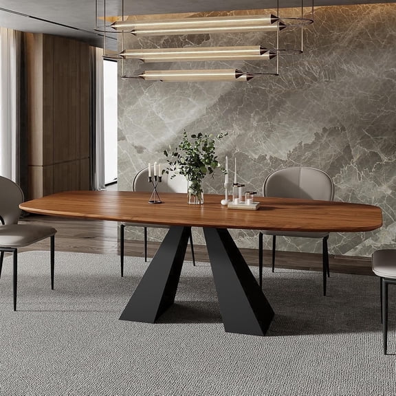 FHKJ HOME 86" Modern Rectangle Dining Table for 8-10, Brown Wood Top & Black Metal Base